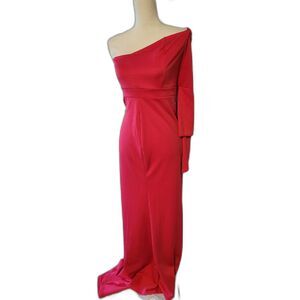 One Shoulder Fuschia Long Sleeve Mermaid Evening Long Dress Sz M